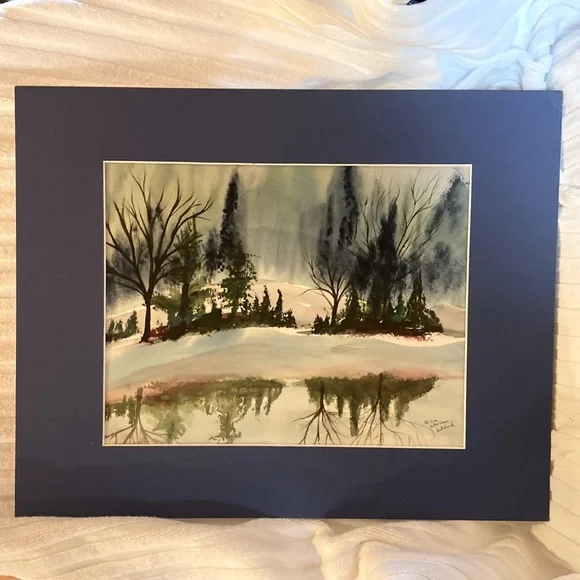 ORIGINAL SIGNED WATERCOLOR LANDSCAPE PINE TREE SNOW BANK LAKE REFLECTION MATTED